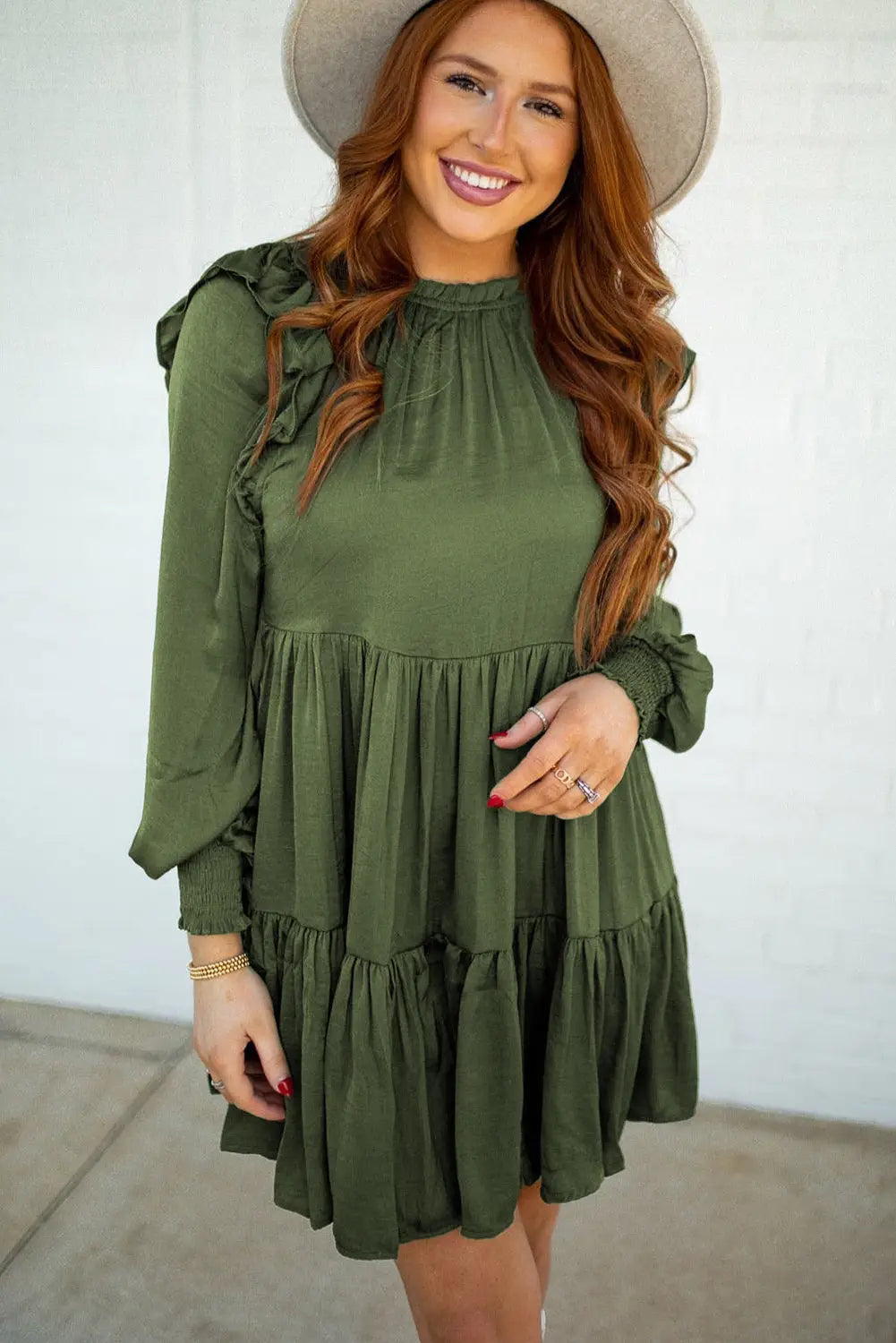 Moss green ruffled high waist long sleeve mini dress -