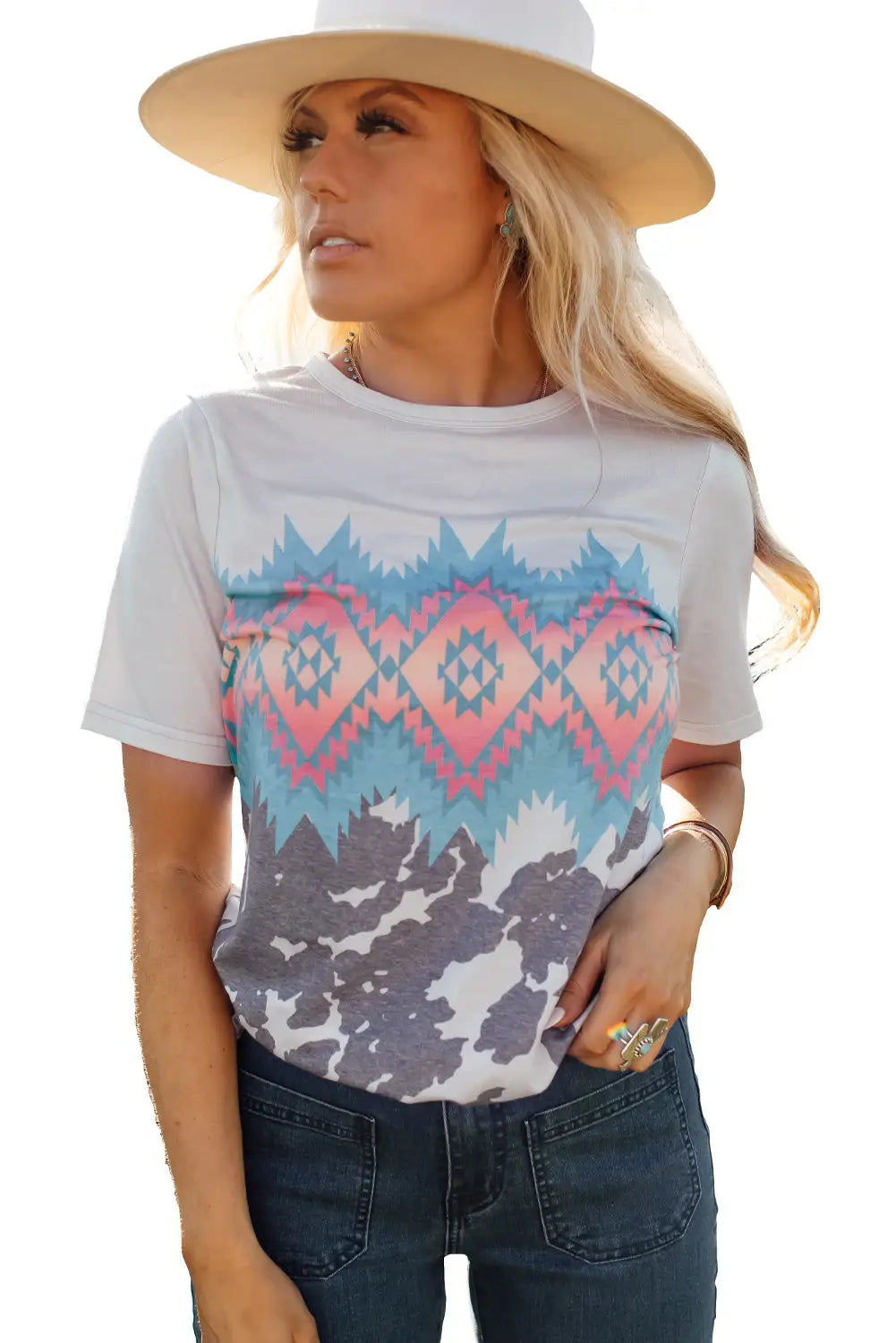 Multi-color aztec geometric print t-shirt - t-shirts