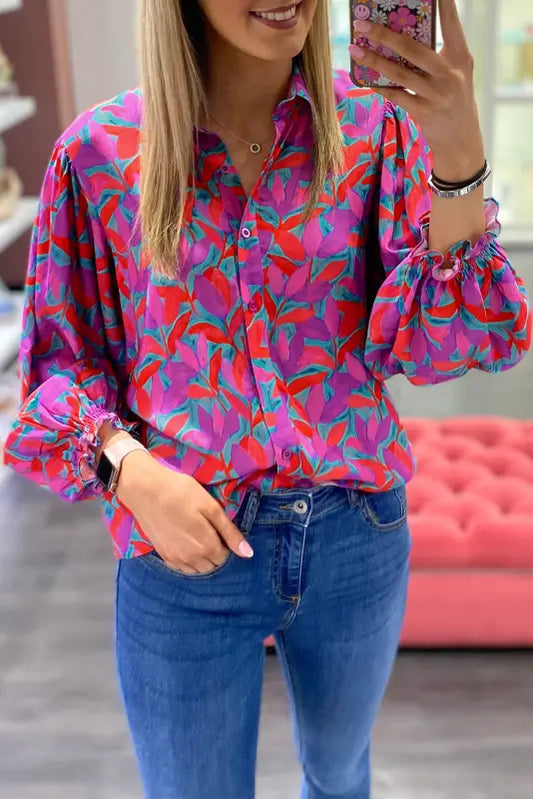 Multicolor abstract floral button up long puff sleeve shirt - s / 100% cotton - tops