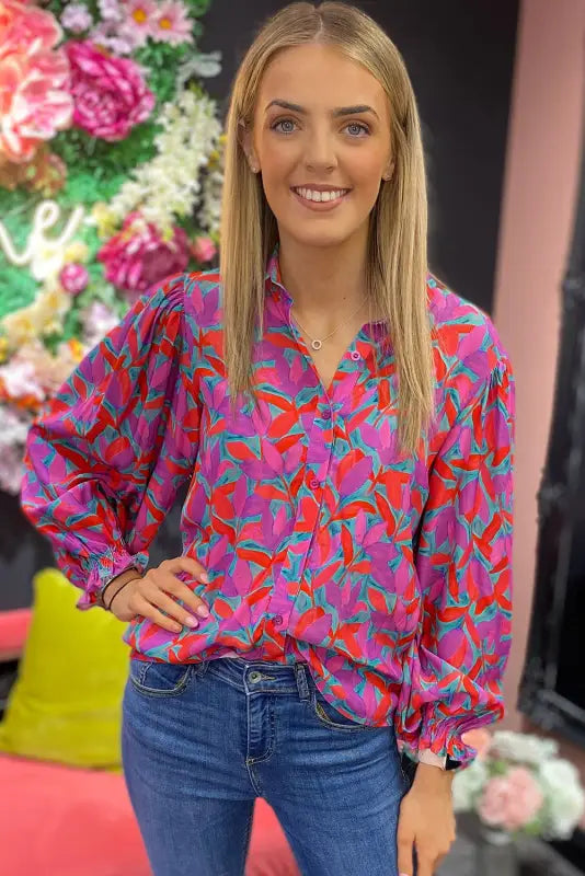 Multicolor abstract floral button up long puff sleeve shirt - tops