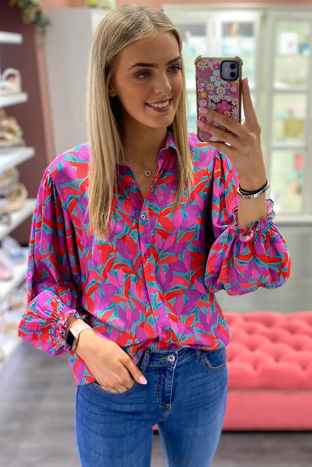 Multicolor abstract floral button up long puff sleeve shirt