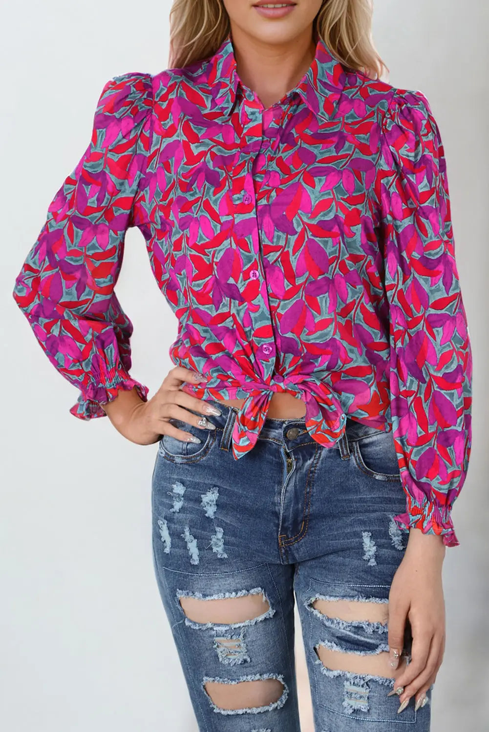 Multicolor abstract floral button up long puff sleeve shirt