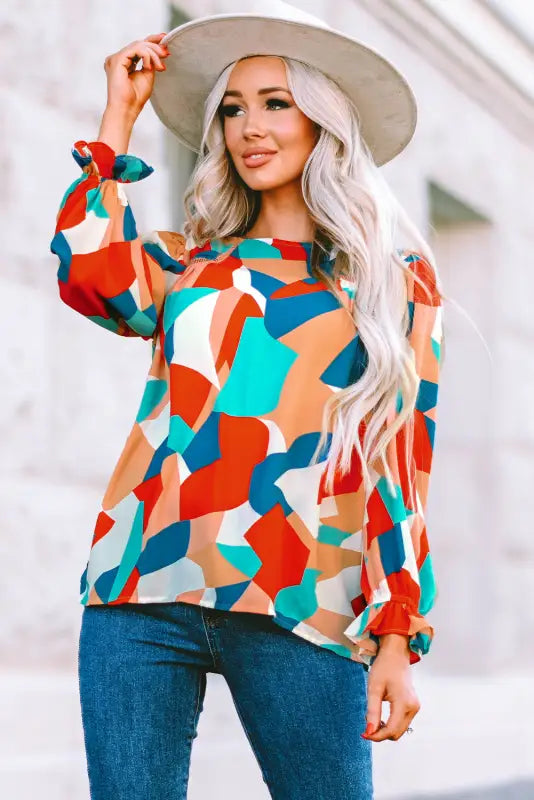 Multicolor abstract pattern crewneck ruffled puff sleeve blouse - tops