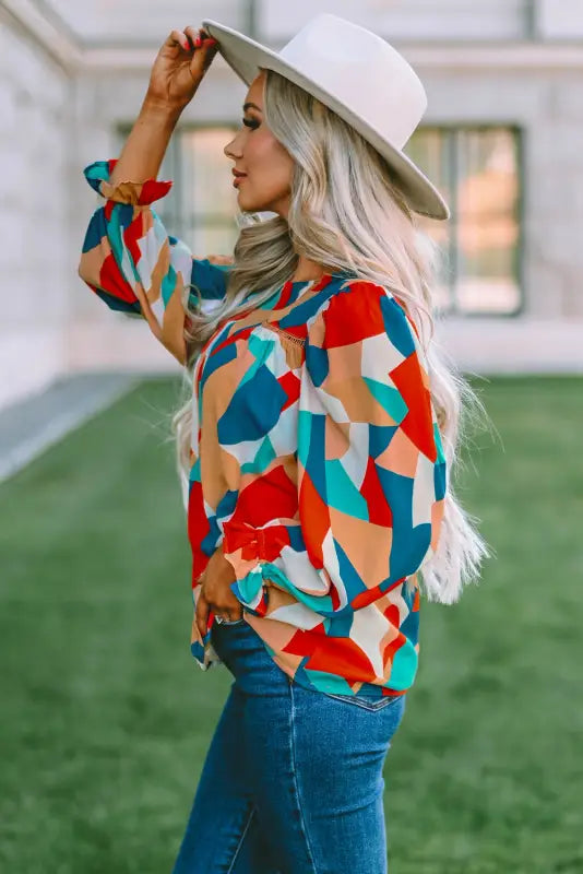 Multicolor abstract pattern crewneck ruffled puff sleeve blouse - tops