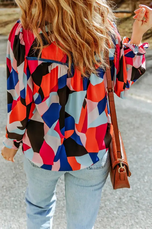 Multicolor abstract pattern crewneck ruffled puff sleeve blouse - tops