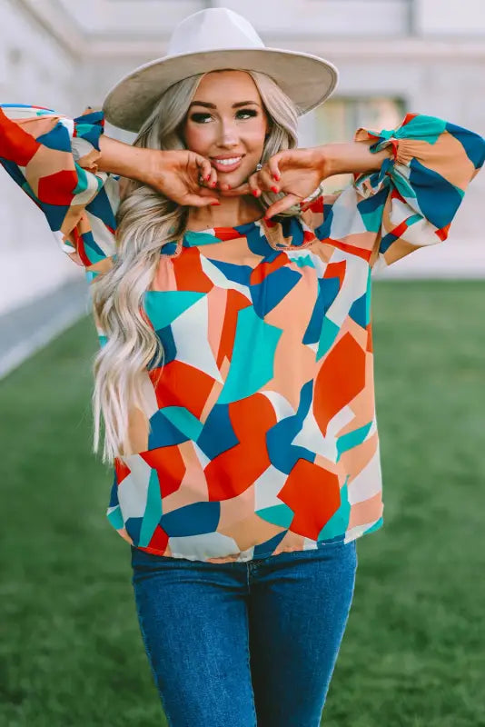 Multicolor abstract pattern crewneck ruffled puff sleeve blouse - tops