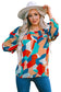 Multicolor abstract pattern crewneck ruffled puff sleeve blouse - tops