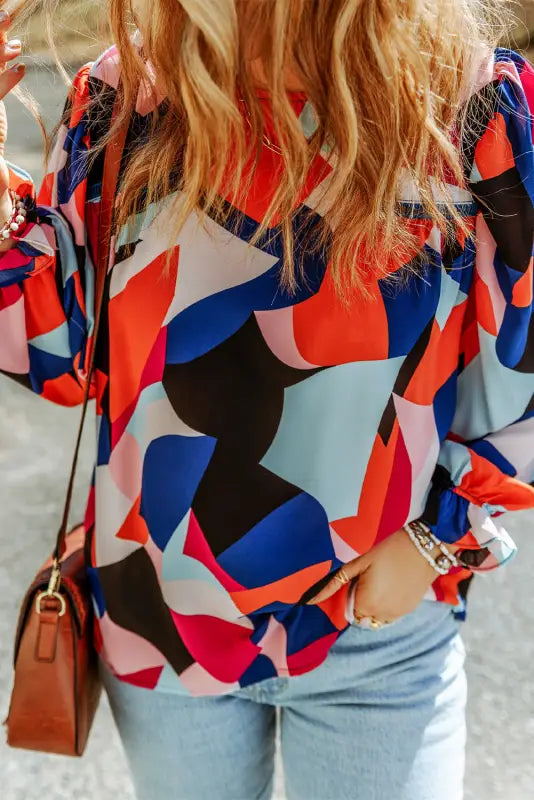 Multicolor abstract pattern crewneck ruffled puff sleeve blouse - tops