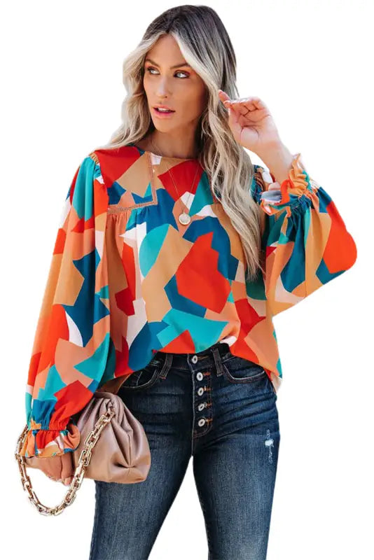 Multicolor abstract pattern crewneck ruffled puff sleeve blouse - tops