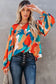 Multicolor abstract pattern crewneck ruffled puff sleeve blouse - tops