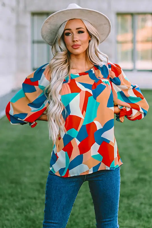 Multicolor abstract pattern crewneck ruffled puff sleeve blouse - tops