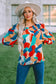 Multicolor abstract pattern crewneck ruffled puff sleeve blouse - tops