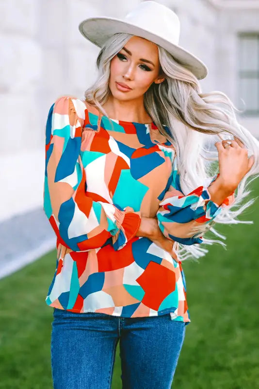 Multicolor abstract pattern crewneck ruffled puff sleeve blouse - tops