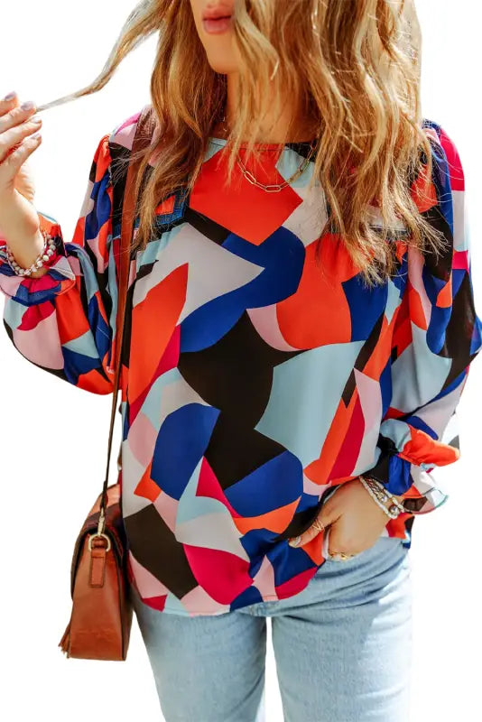 Multicolor abstract pattern crewneck ruffled puff sleeve blouse - tops