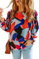 Multicolor abstract pattern crewneck ruffled puff sleeve blouse - tops