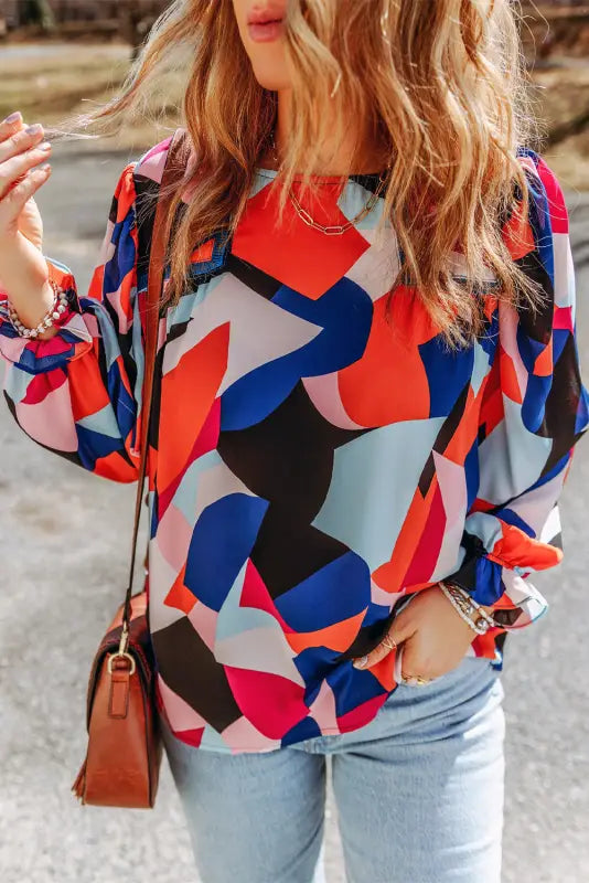 Multicolor abstract pattern crewneck ruffled puff sleeve blouse - multicolor1 / s / 100% polyester - tops