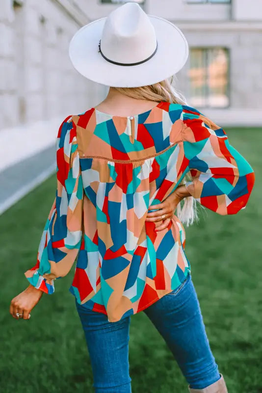 Multicolor abstract pattern crewneck ruffled puff sleeve blouse - tops