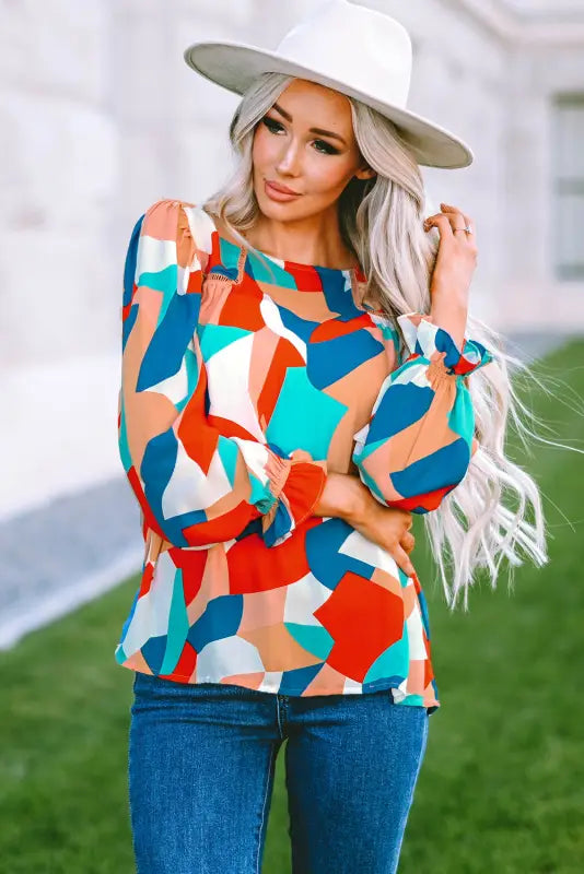 Multicolor abstract pattern crewneck ruffled puff sleeve blouse - tops