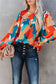 Multicolor abstract pattern crewneck ruffled puff sleeve blouse - tops