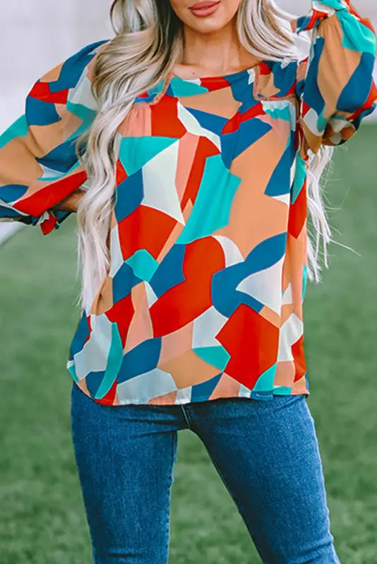 Multicolor abstract pattern crewneck ruffled puff sleeve blouse - tops