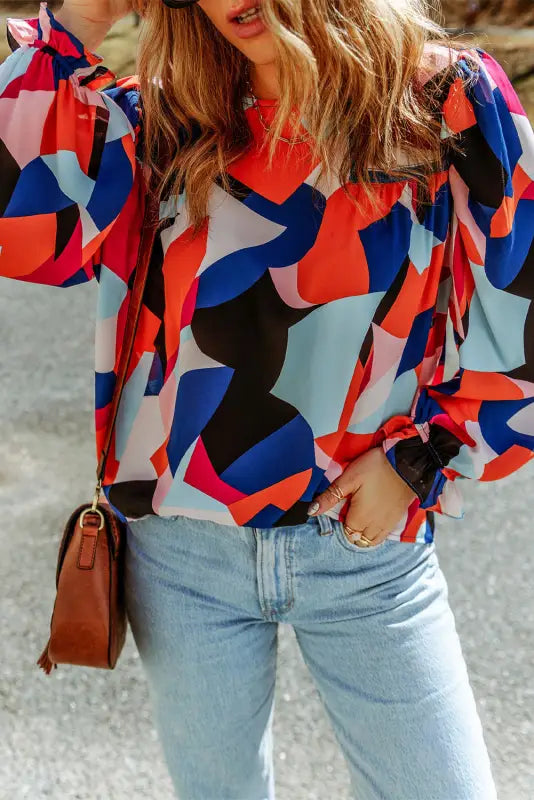 Multicolor abstract pattern crewneck ruffled puff sleeve blouse - tops