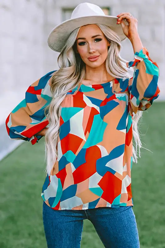 Multicolor abstract pattern crewneck ruffled puff sleeve blouse - tops