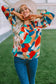 Multicolor abstract pattern crewneck ruffled puff sleeve blouse - tops