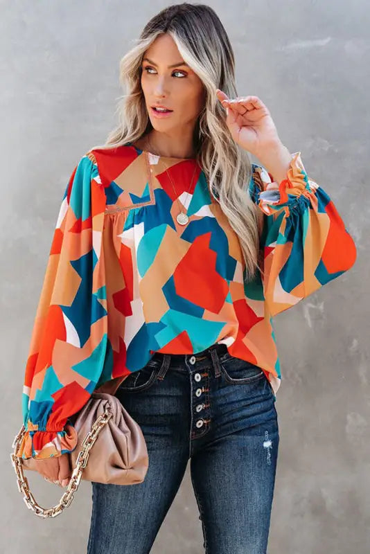 Multicolor abstract pattern crewneck ruffled puff sleeve blouse - tops