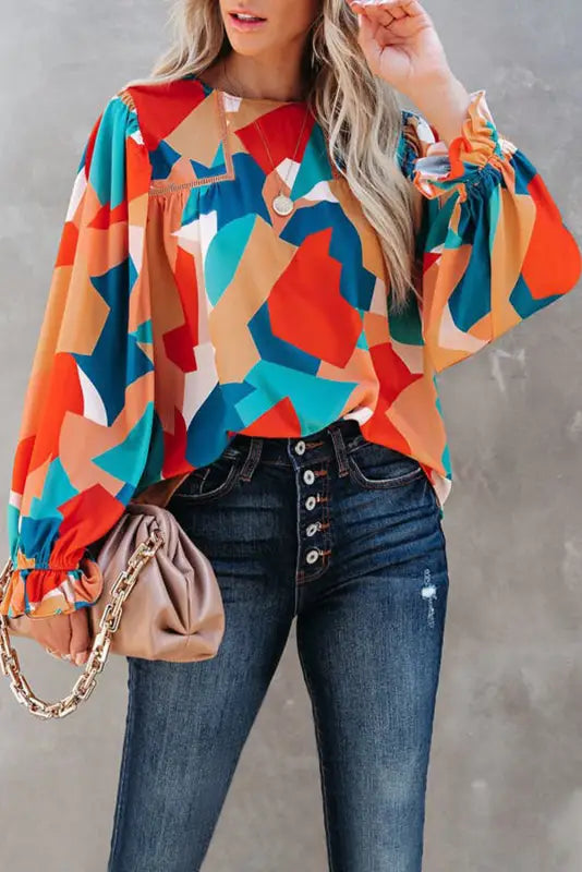 Multicolor abstract pattern crewneck ruffled puff sleeve blouse - s / 100% polyester - tops