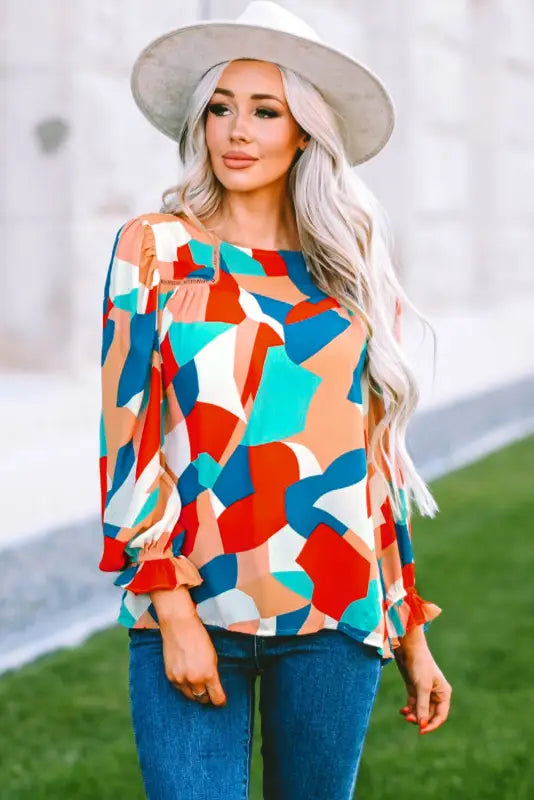 Multicolor abstract pattern crewneck ruffled puff sleeve blouse - tops