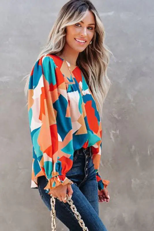 Multicolor abstract pattern crewneck ruffled puff sleeve blouse - tops