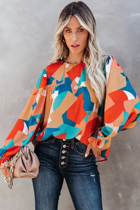 Multicolor abstract pattern crewneck ruffled puff sleeve blouse - tops