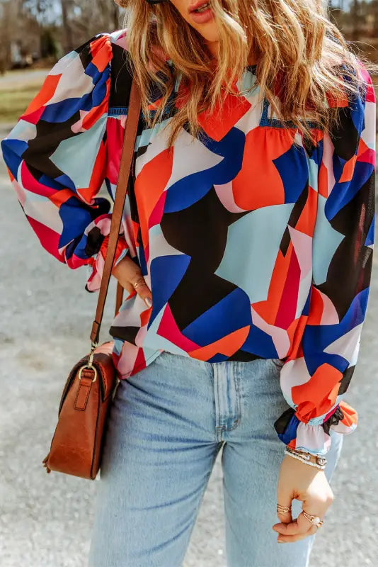 Multicolor abstract pattern crewneck ruffled puff sleeve blouse - tops