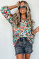 Multicolor abstract print 3/4 puff sleeve ruffle blouse - tops