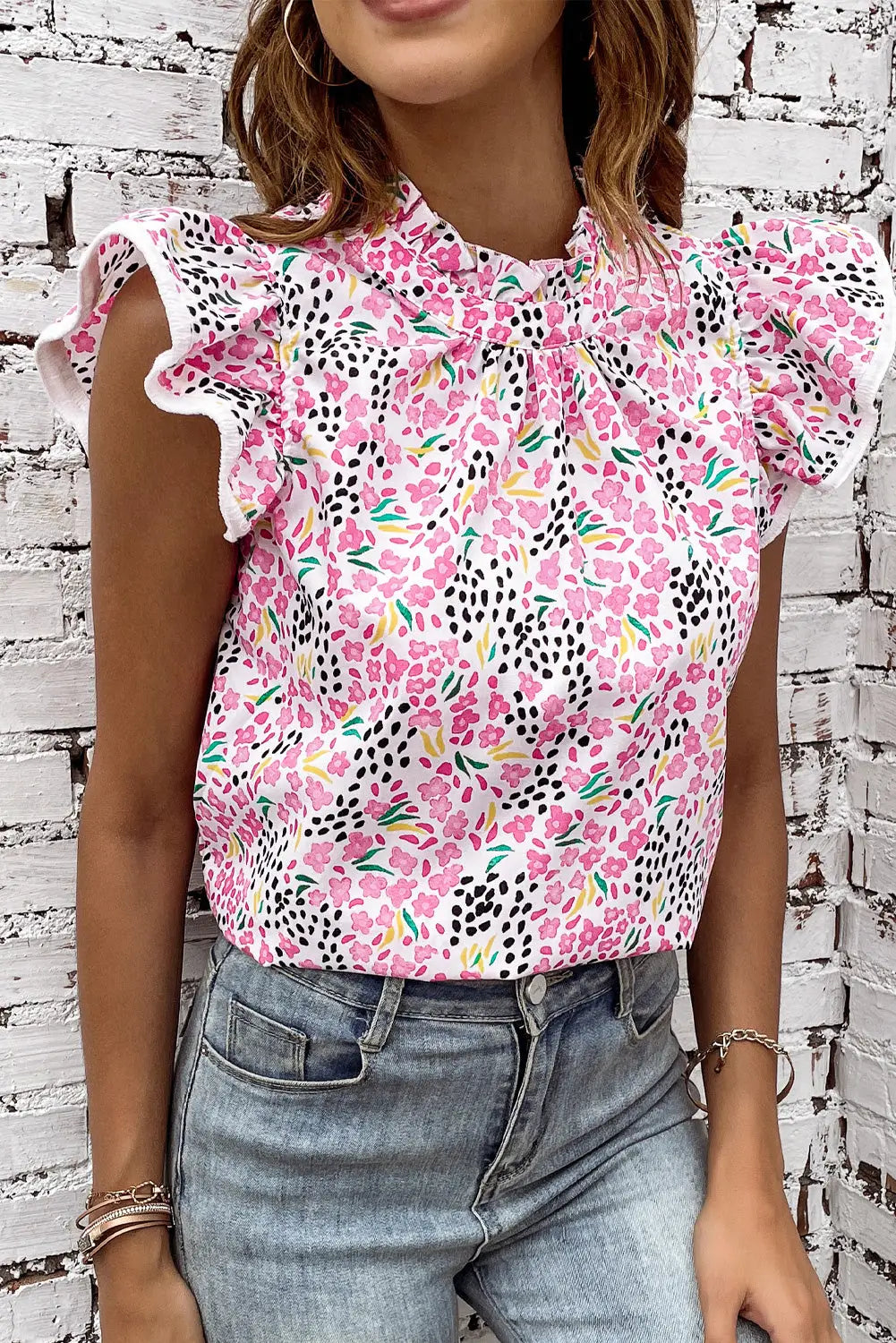Multicolor abstract print high neck flutter sleeves top - pink / s / 100% polyester - tank tops
