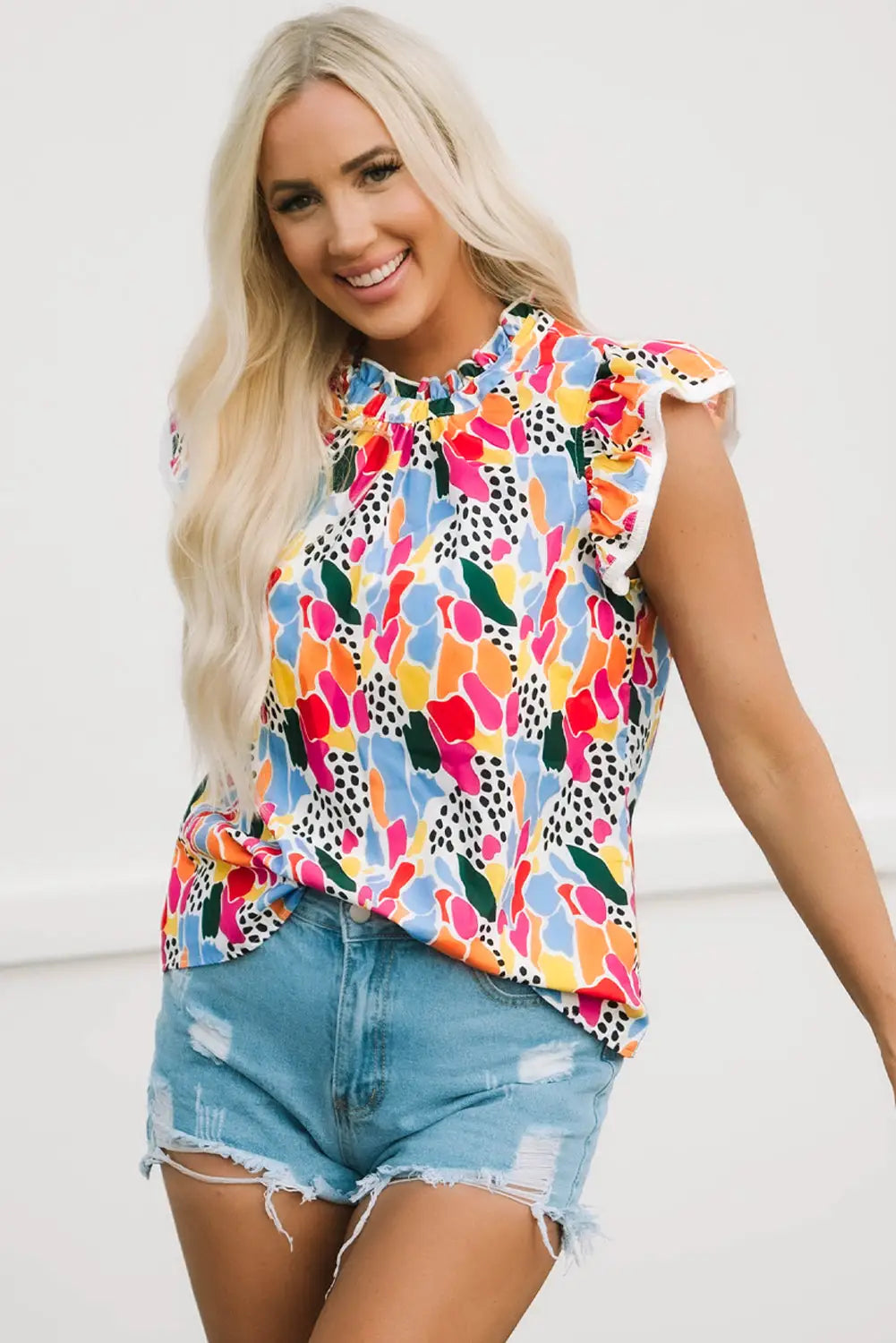 Multicolor abstract print high neck flutter sleeves top - s / 100% polyester - tank tops
