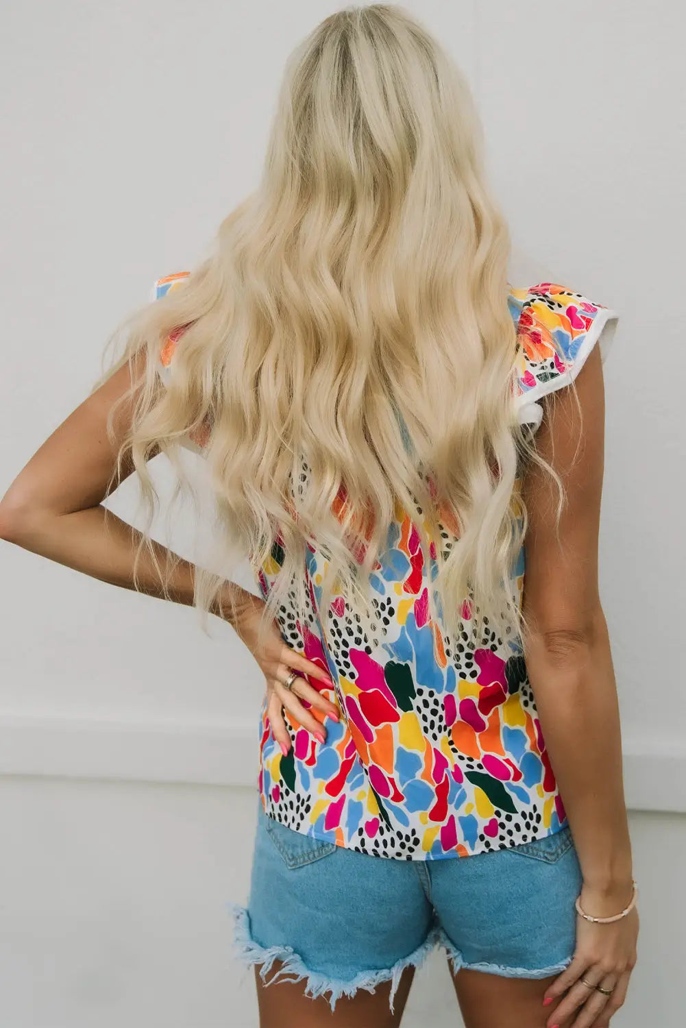 Multicolor abstract print high neck flutter sleeves top - tank tops