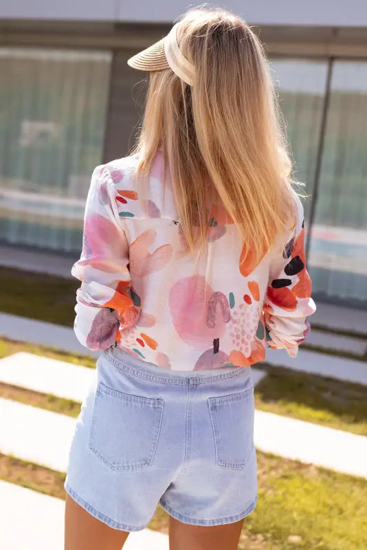 Multicolor abstract print long sleeve button-down shirt - tops