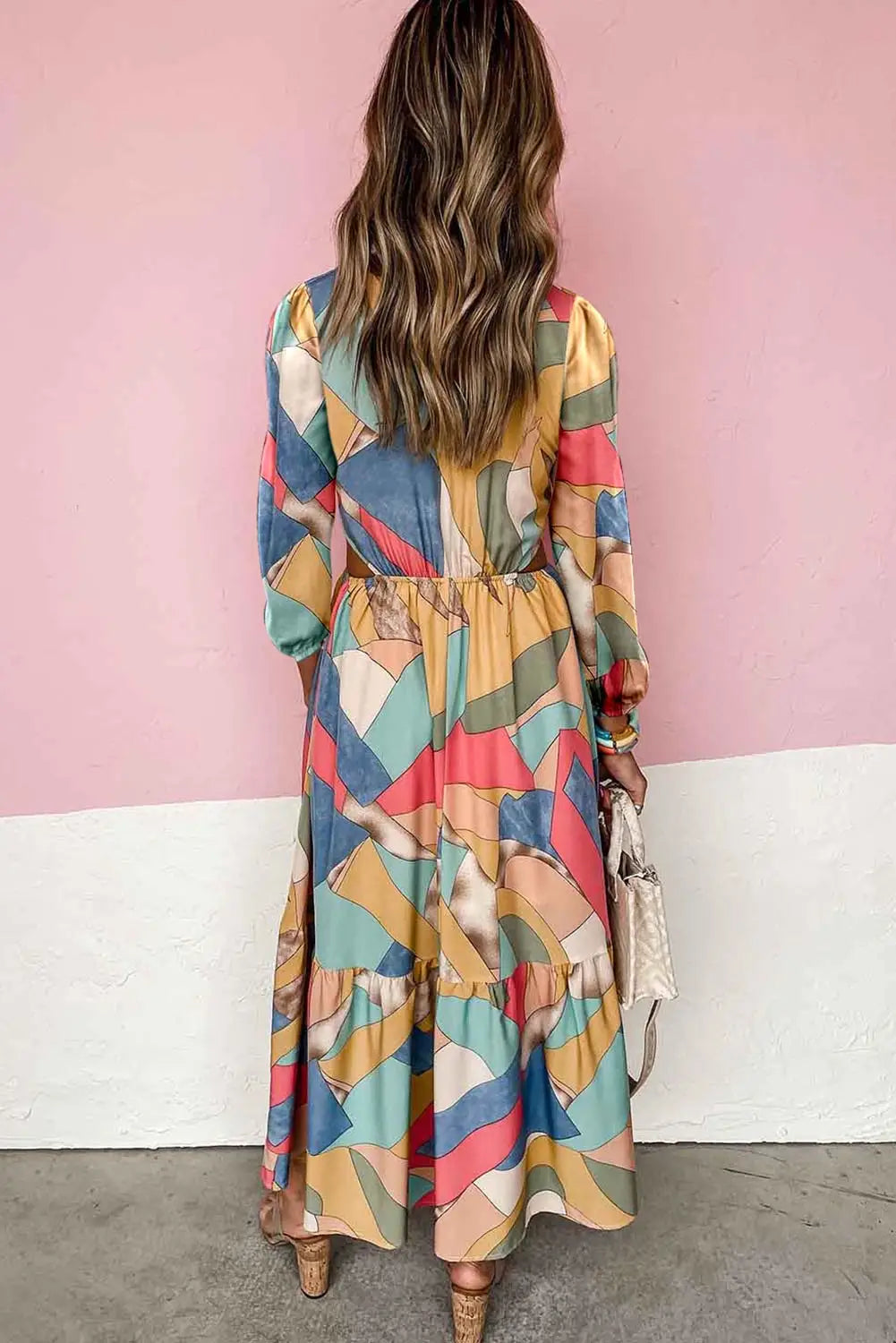 Multicolor abstract print o-ring cut out long sleeve maxi dress - dresses