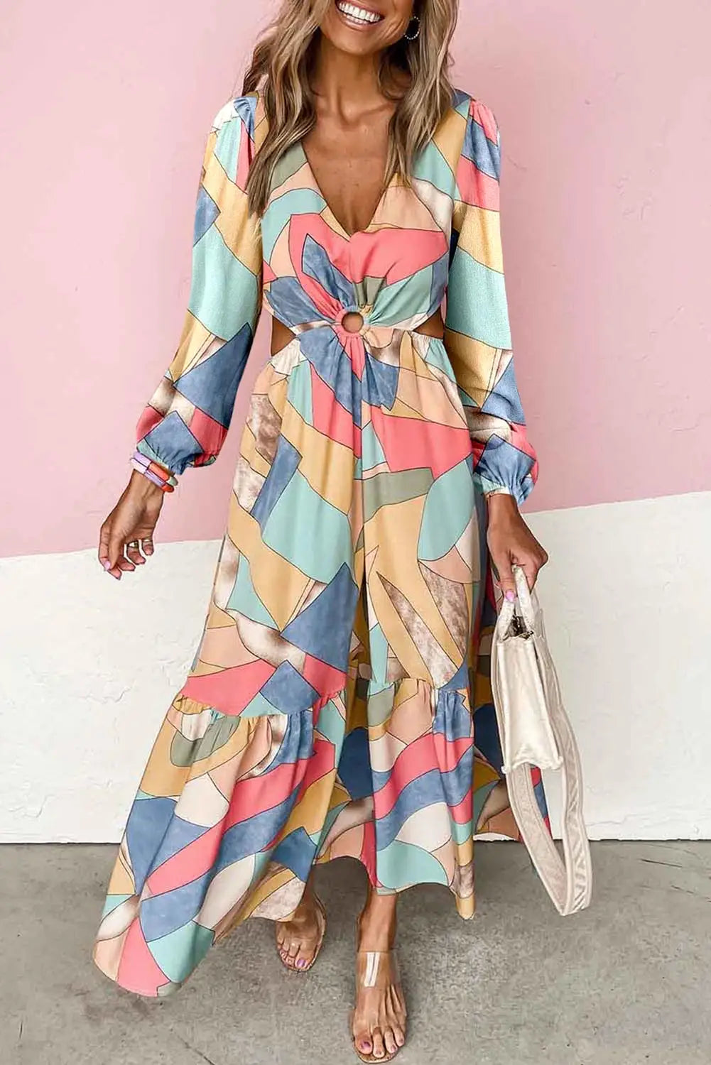 Multicolor abstract print o-ring cut out long sleeve maxi