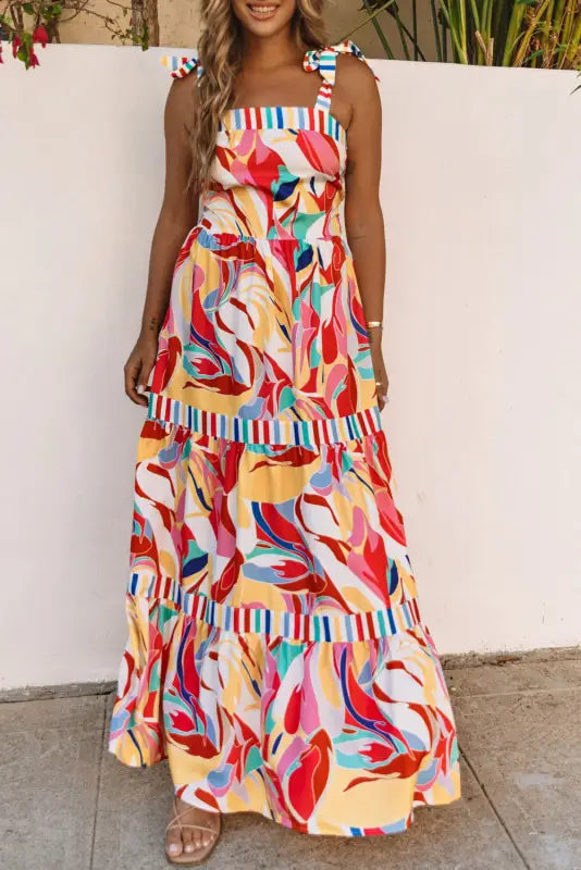 Multicolor abstract print striped trim maxi sundress - dresses