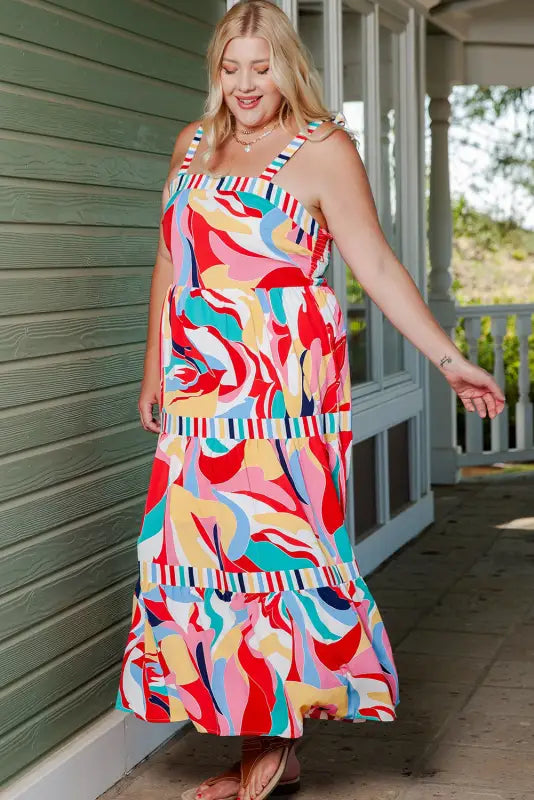 Multicolor abstract print striped trim maxi sundress - dresses