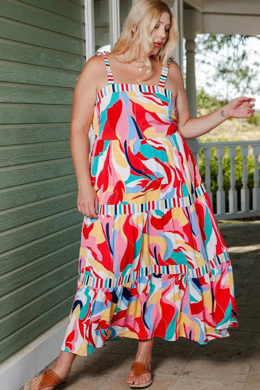 Multicolor abstract print striped trim maxi sundress - dresses