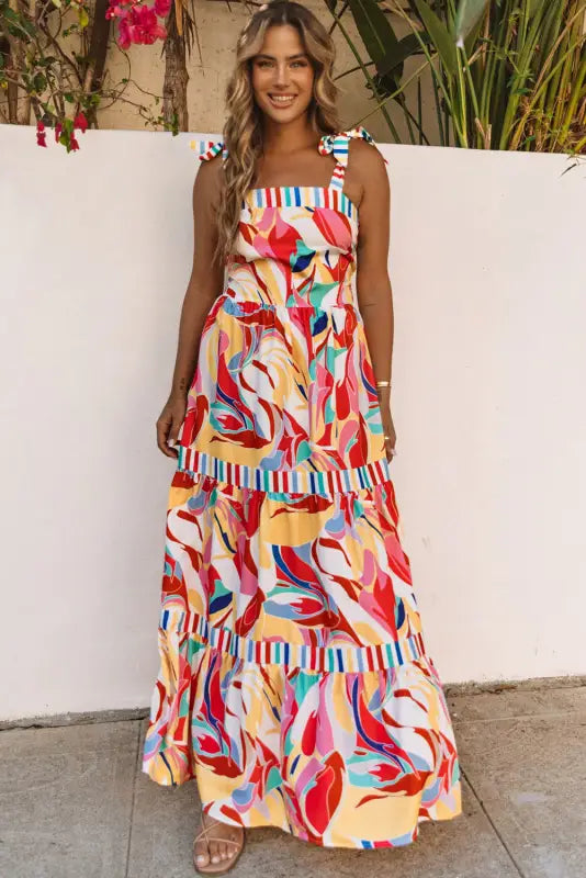 Multicolor abstract print striped trim maxi sundress - dresses