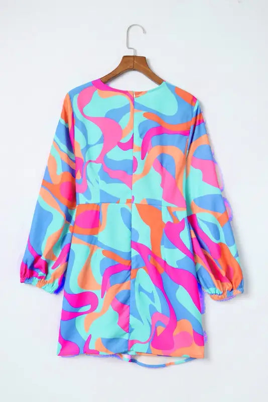 Multicolor abstract print wrap v neck puff sleeve dress - mini dresses