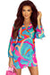 Multicolor abstract print wrap v neck puff sleeve dress - mini dresses