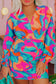 Multicolor abstract print wrap v neck puff sleeve dress - 1x / 100% polyester - mini dresses