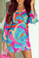 Multicolor abstract print wrap v neck puff sleeve dress - mini dresses