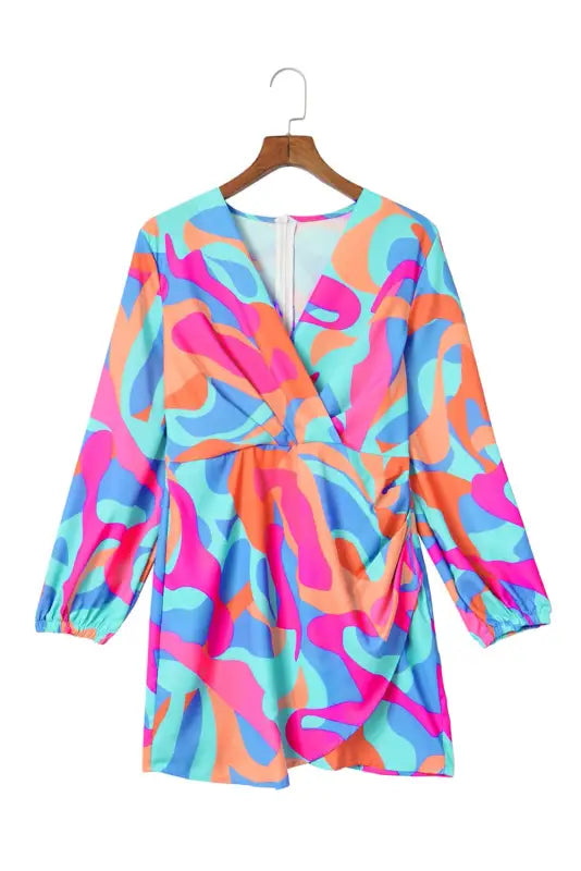 Multicolor abstract print wrap v neck puff sleeve dress - mini dresses