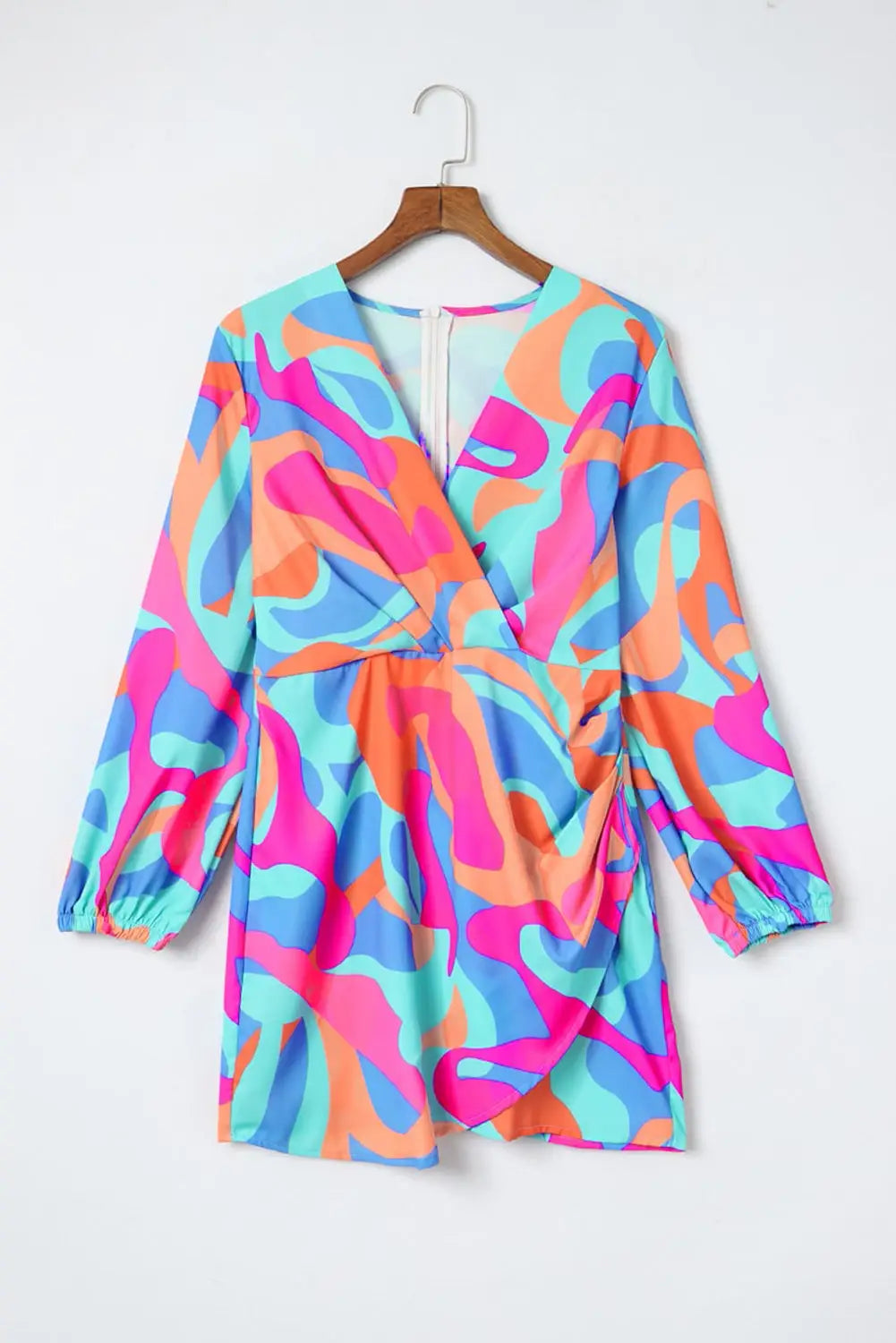Multicolor abstract print wrap v neck puff sleeve dress - mini dresses